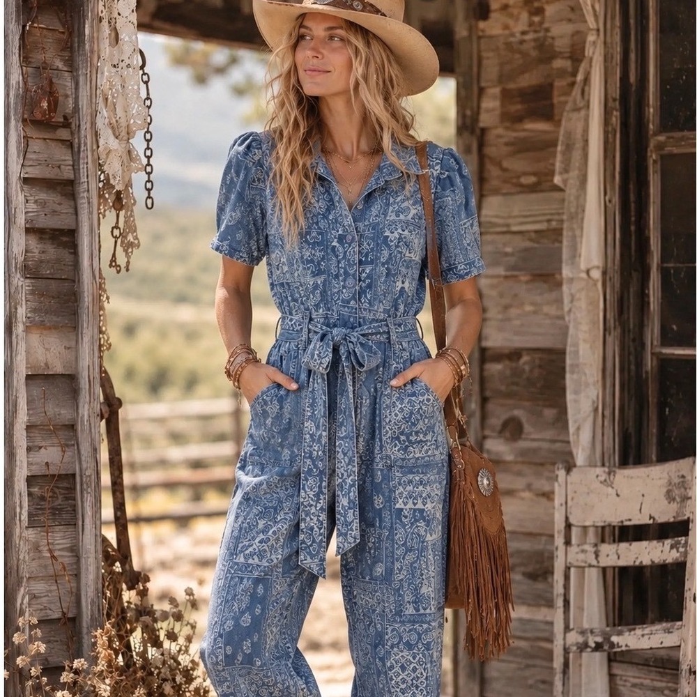 240.New Skies Are Blue Jacquard Paisley Bandana Print Jumpsuit Denim Short Sleev